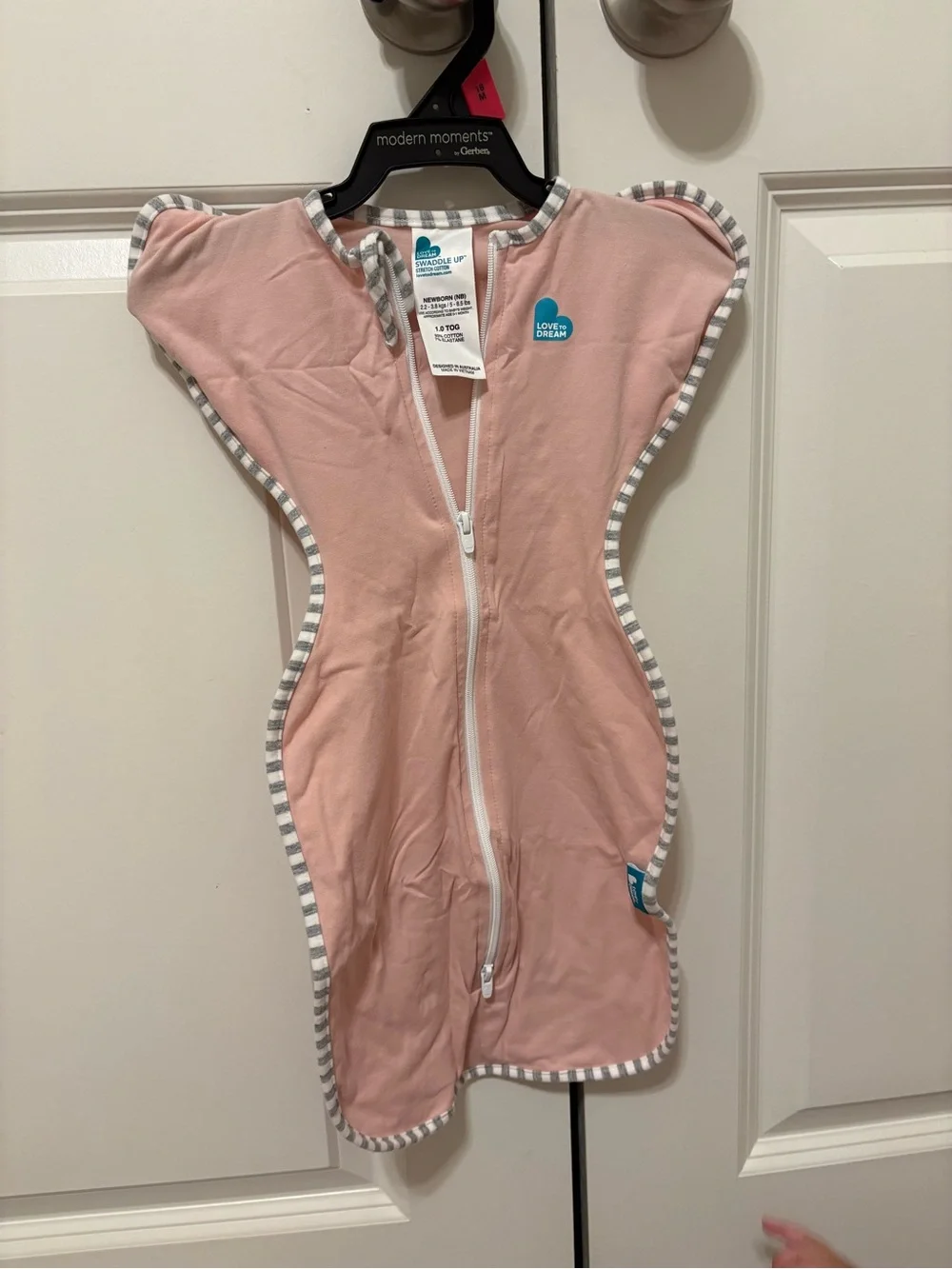 Love to Dream Pink Swaddle Sleep Sack with Gray-White Trim